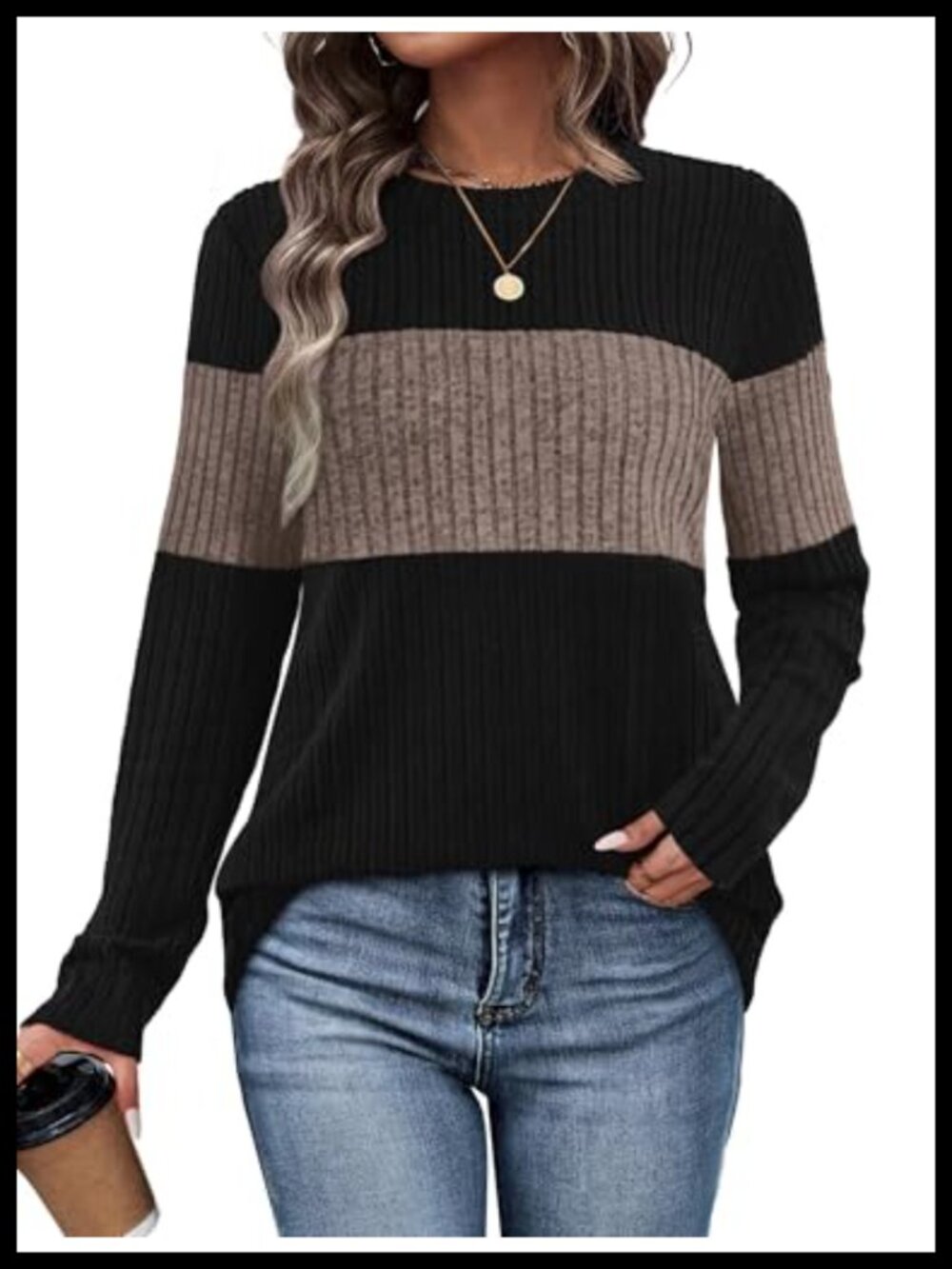 Womens Color Block Sweater Long Sleeve Tunic Top Lightweight Pullover
